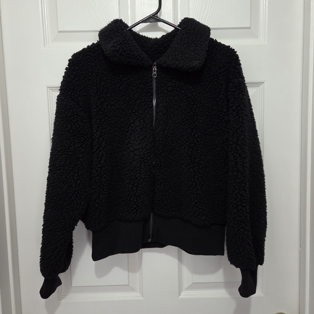 Victoria's Secret Black Sherpa Full Zip Bomber Jacket Size Small Winter Fall - Picture 4 of 12